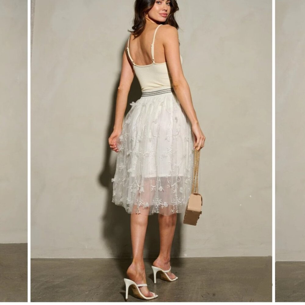 Whimsical Embroidered Midi Tulle Skirt